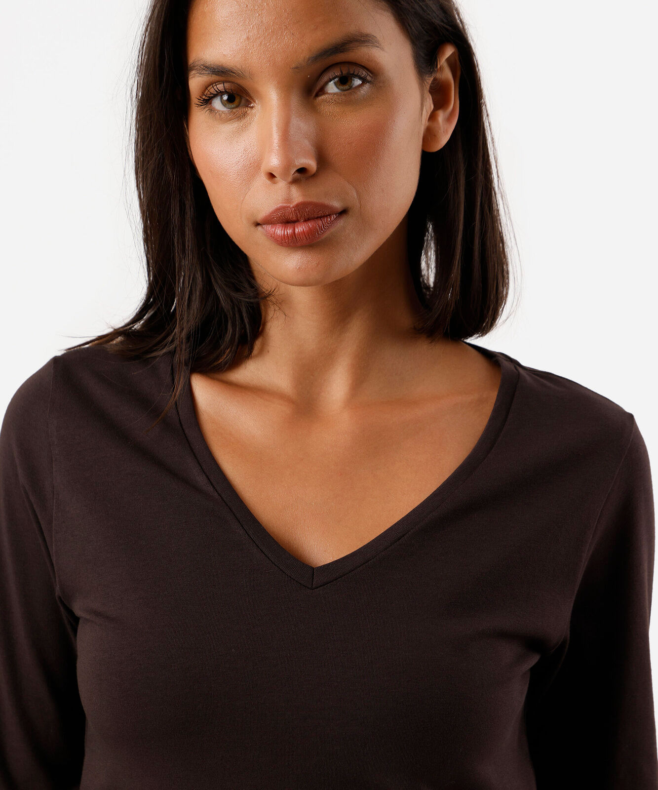 blusa feminina de algodão decote v manga longa marrom