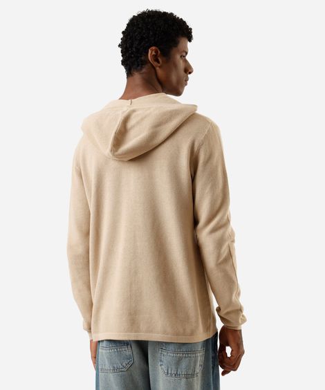 blusão masculino de tricot com capuz e bolso canguru bege