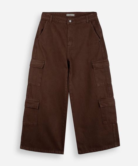 calça juvenil jeans skater multi bolsos marrom