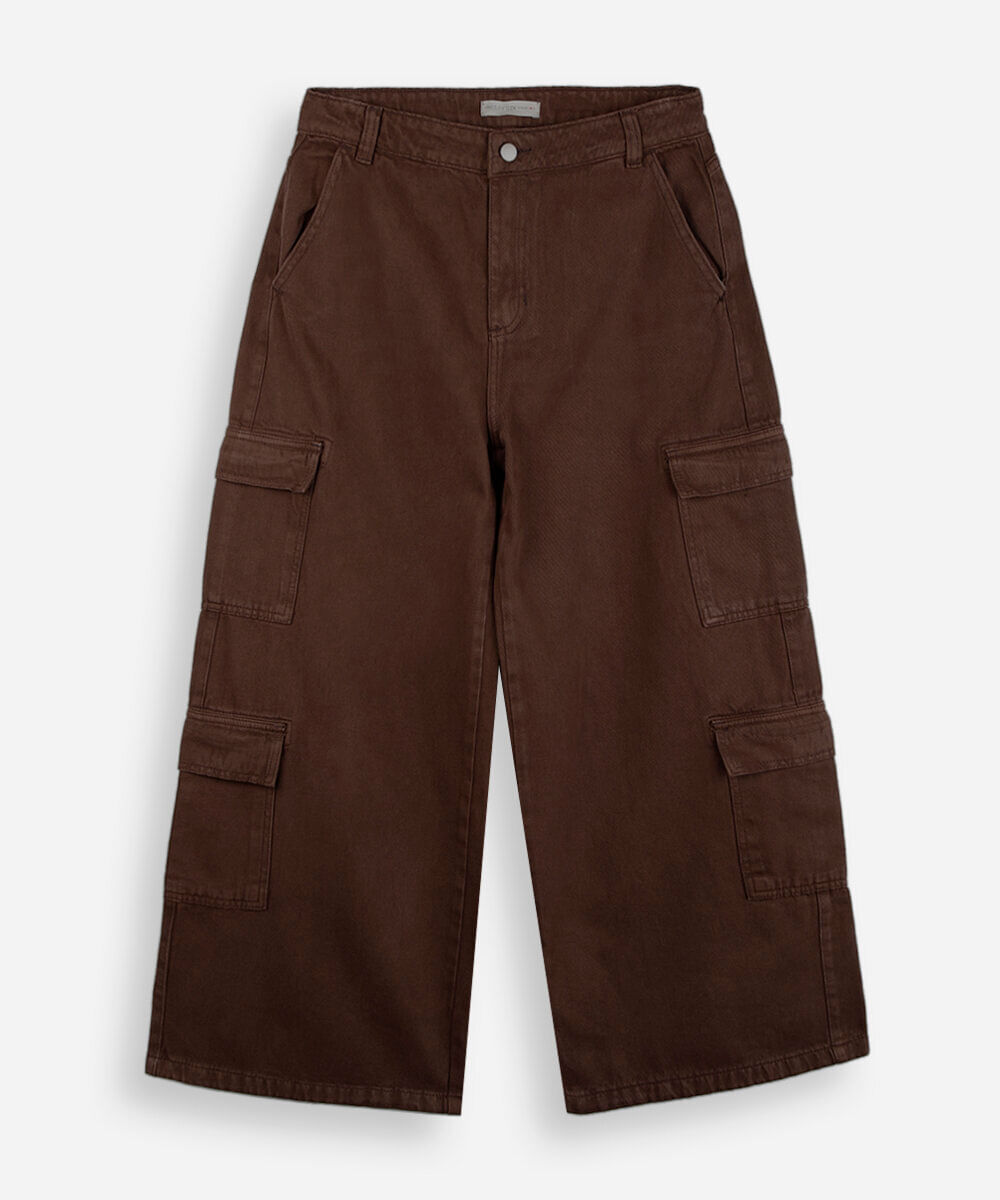 calça juvenil jeans skater multi bolsos marrom