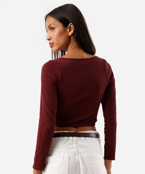 blusa de poliamida canelada cropped manga longa vinho