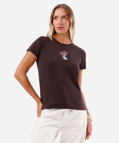 camiseta feminina de algodão stitch marrom