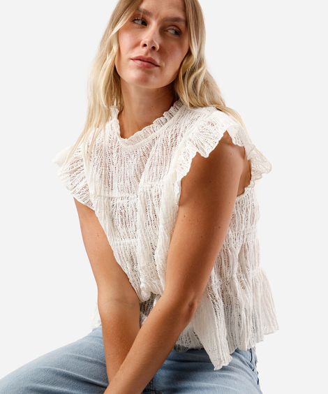 regata feminina com babados texturizada off white