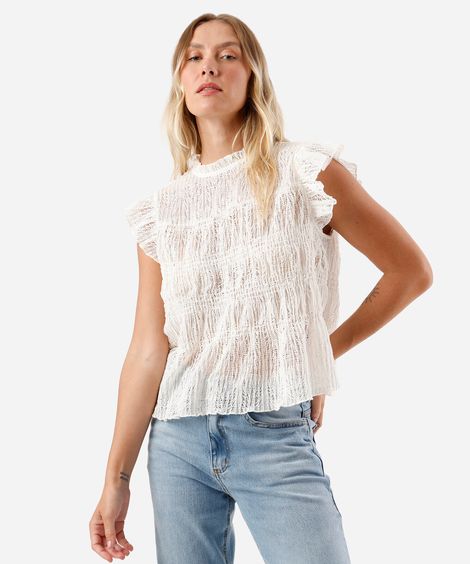 regata feminina com babados texturizada off white
