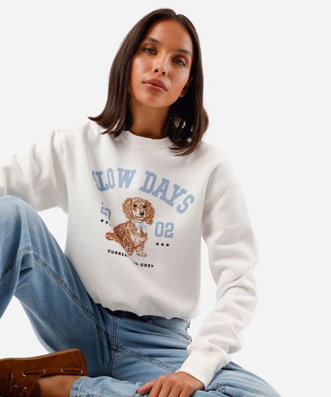 blusão feminino de moletom estampado off white