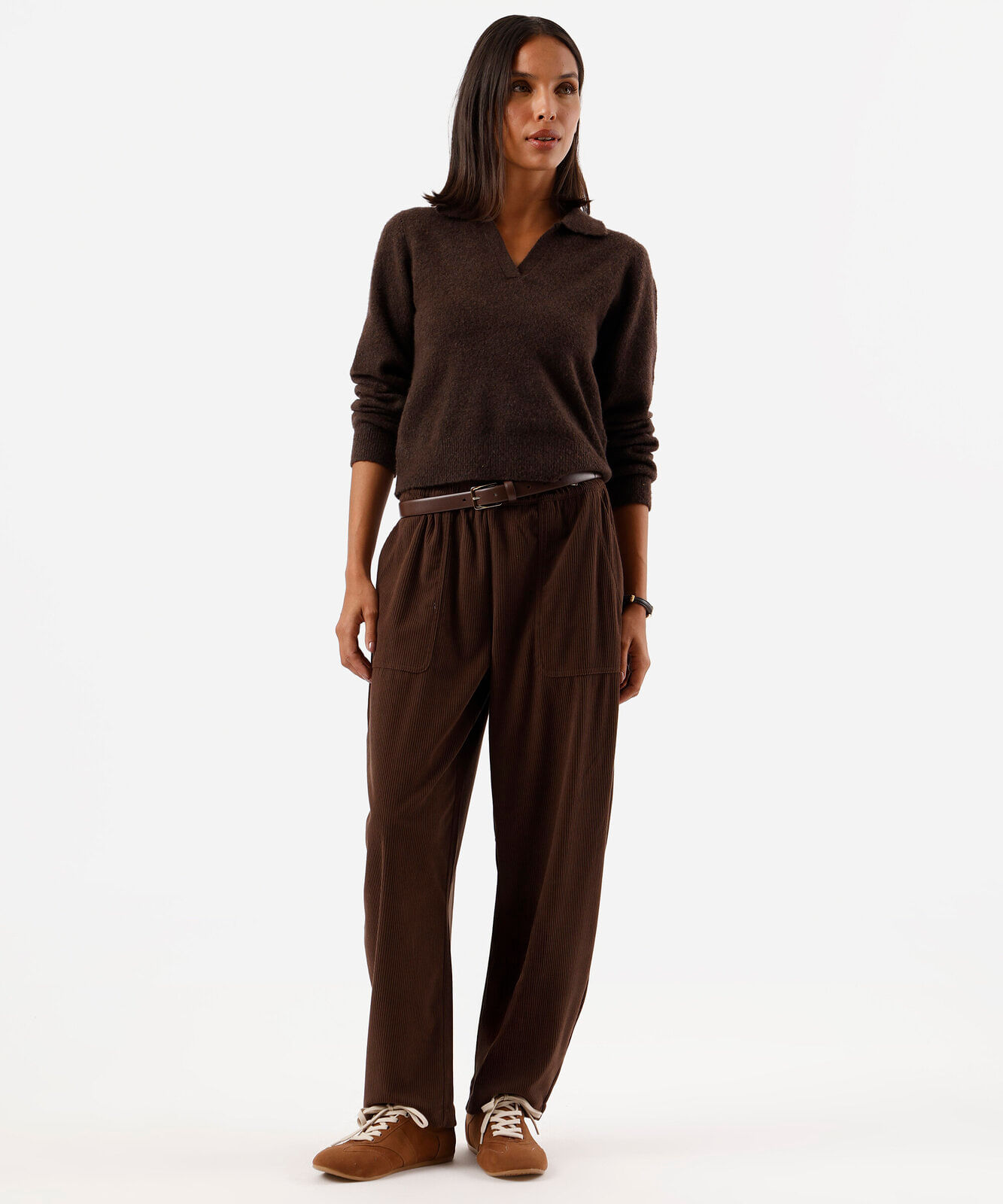 calça balloon feminina de veludo cotelê cós elástico marrom