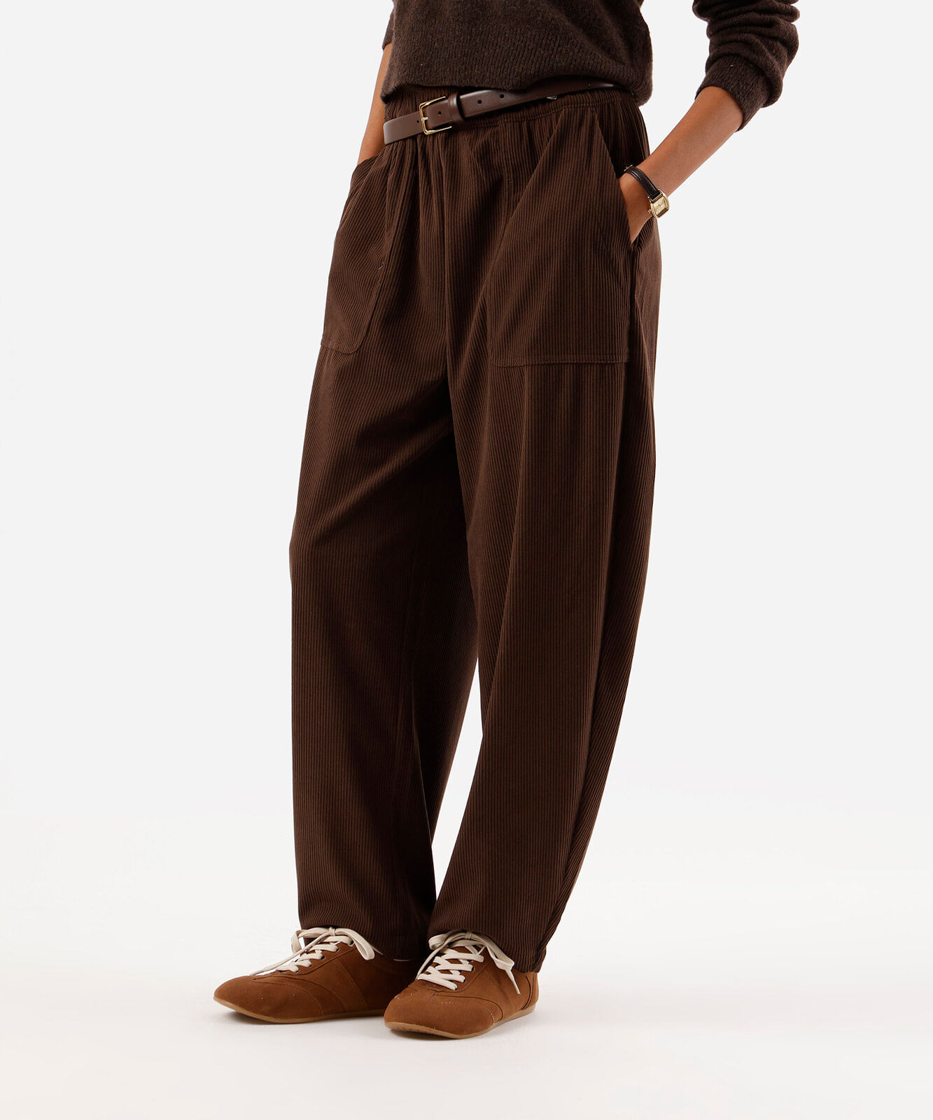 calça balloon feminina de veludo cotelê cós elástico marrom