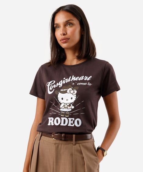 camiseta feminina de algodão manga curta hello kitty marrom
