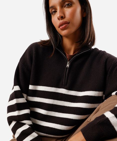suéter feminino de tricot com zíper listrado azul
