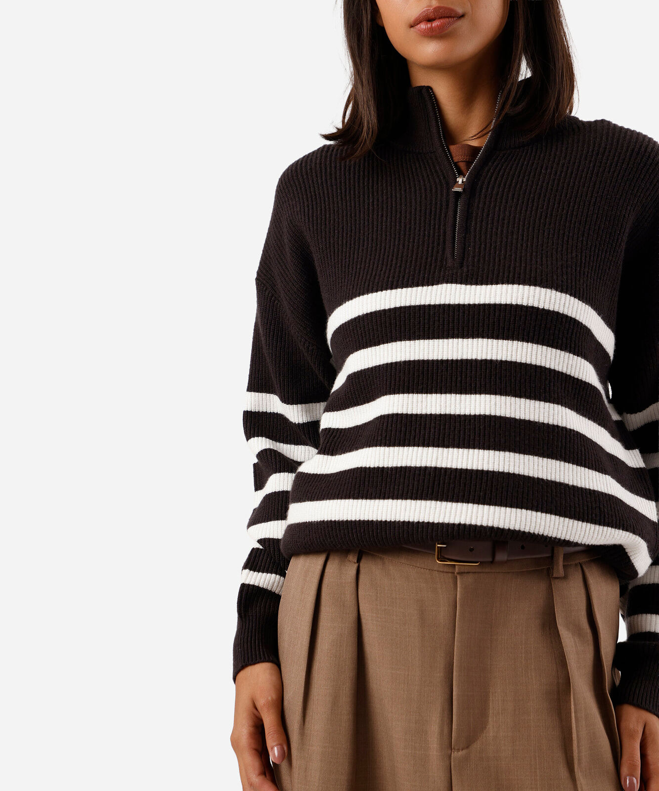 suéter feminino de tricot com zíper listrado azul