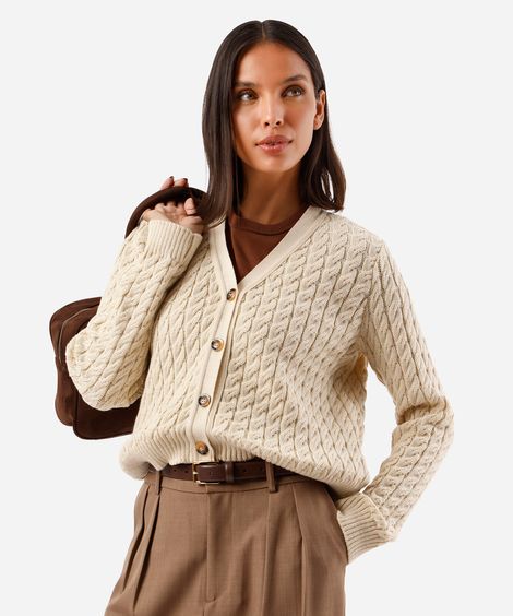 cardigan feminino de tricot decote v texturizado off white