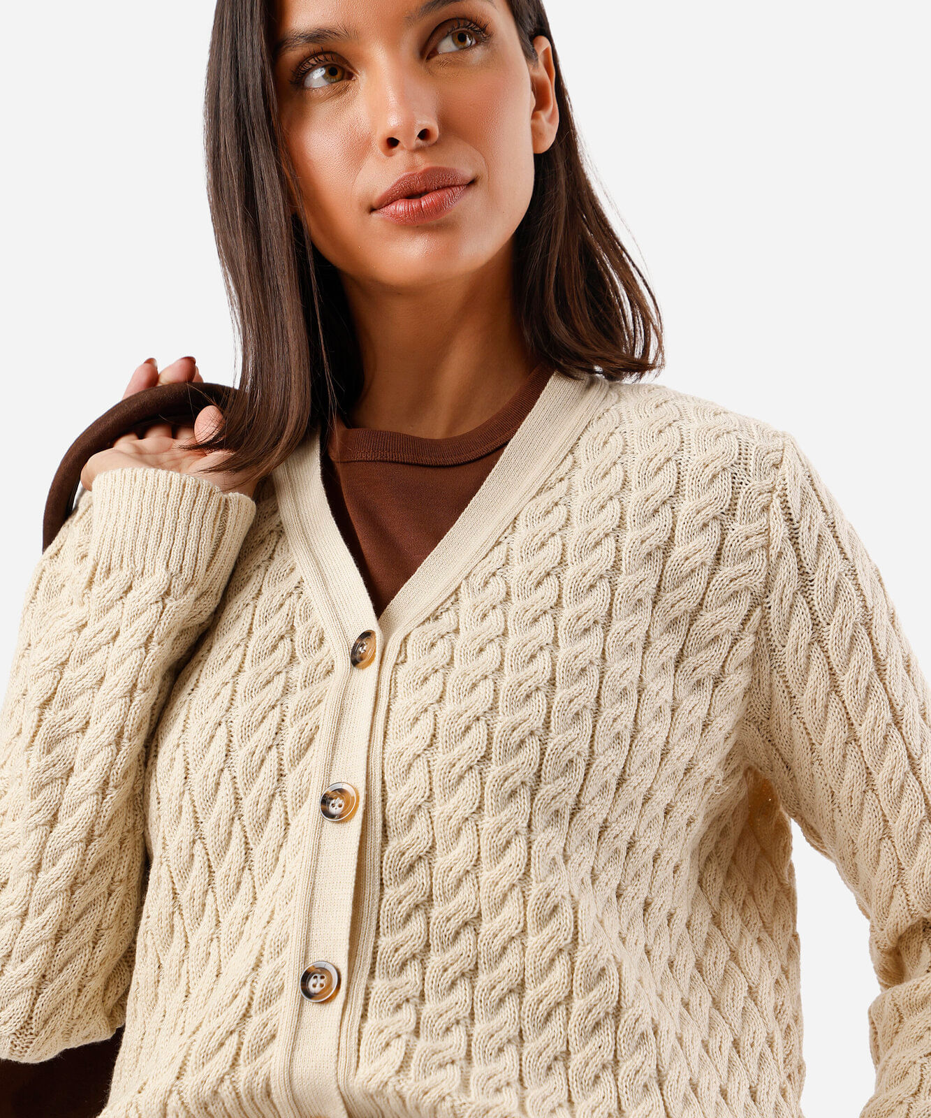 cardigan feminino de tricot decote v texturizado off white