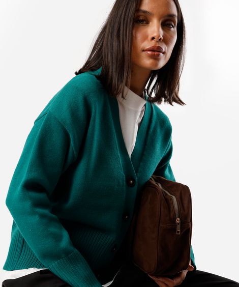 cardigan feminino de tricot decote v verde