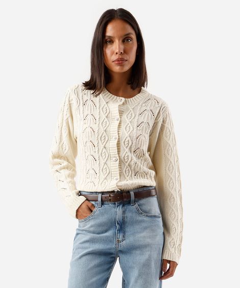 cardigan feminino de tricot texturizado com pérolas off white