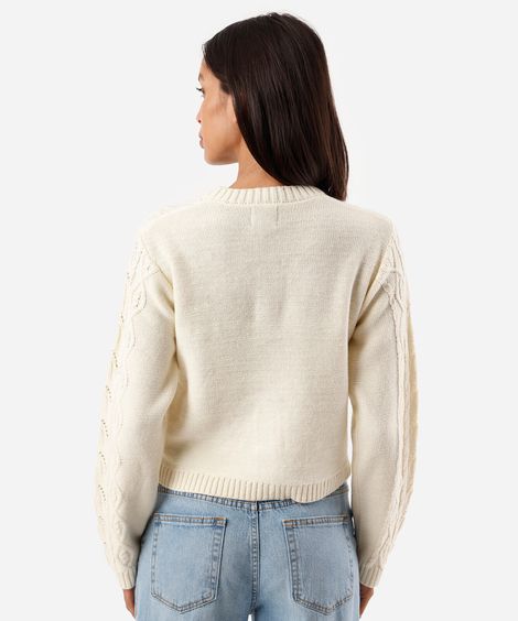 cardigan feminino de tricot texturizado com pérolas off white