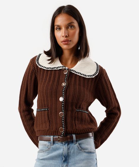 cardigan feminino de tricot com bolsos marrom