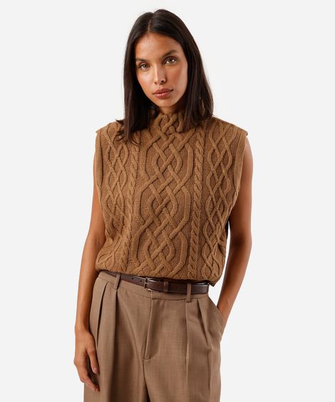 colete feminino de tricot gola alta texturizado marrom