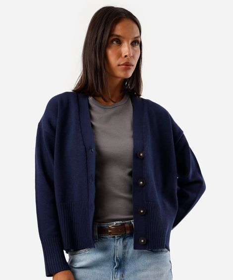 cardigan feminino de tricot decote v azul