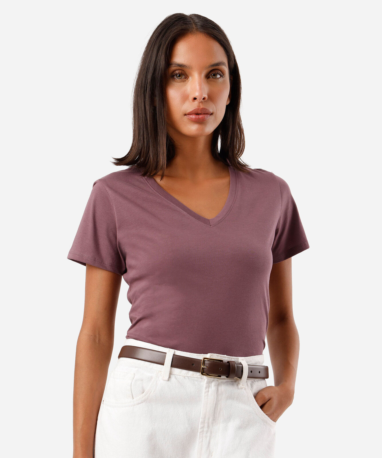 camiseta feminina de algodão peruano decote v rosa