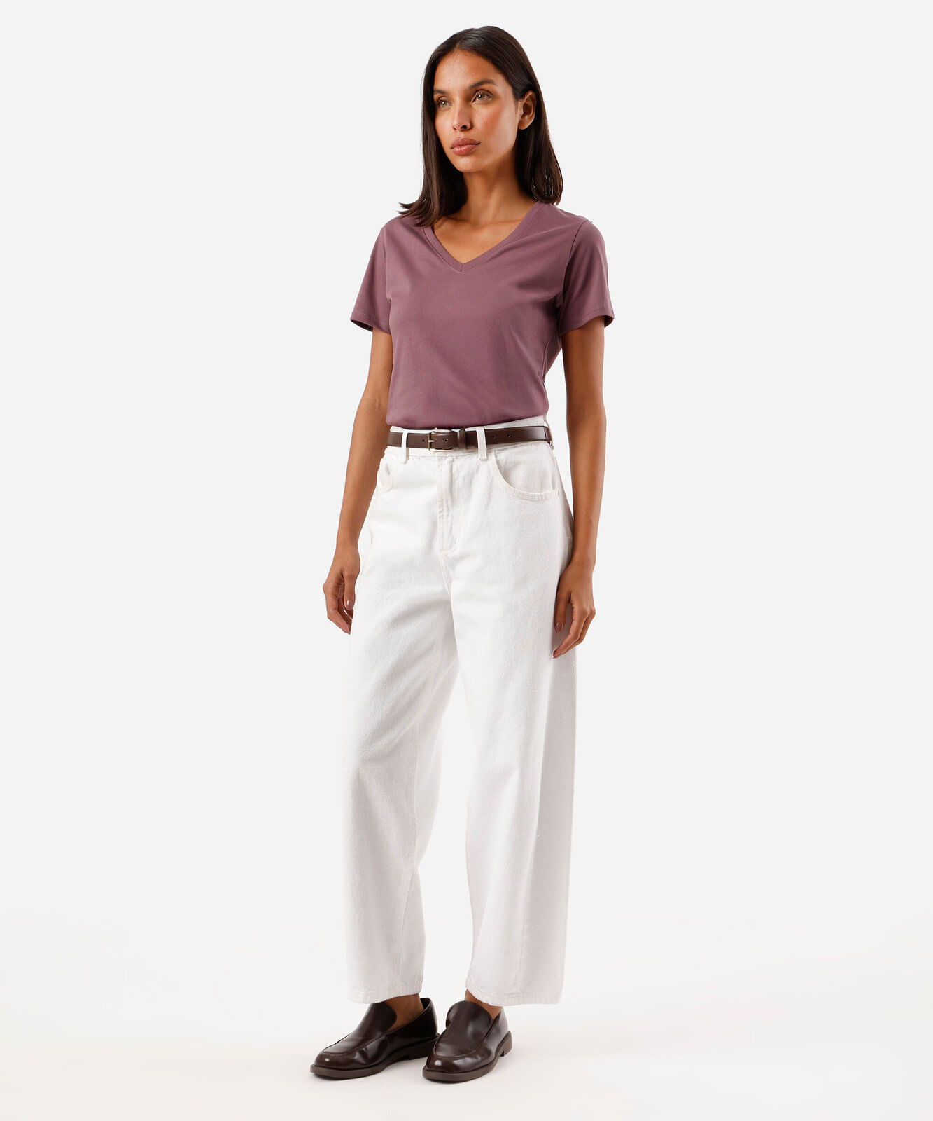 camiseta feminina de algodão peruano decote v rosa