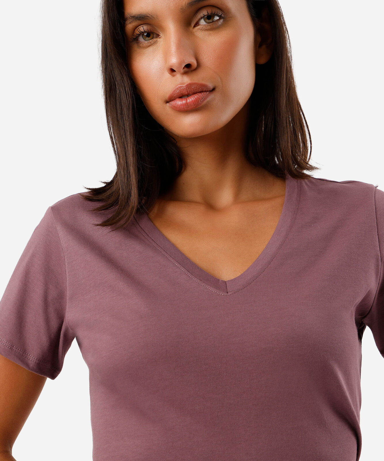 camiseta feminina de algodão peruano decote v rosa