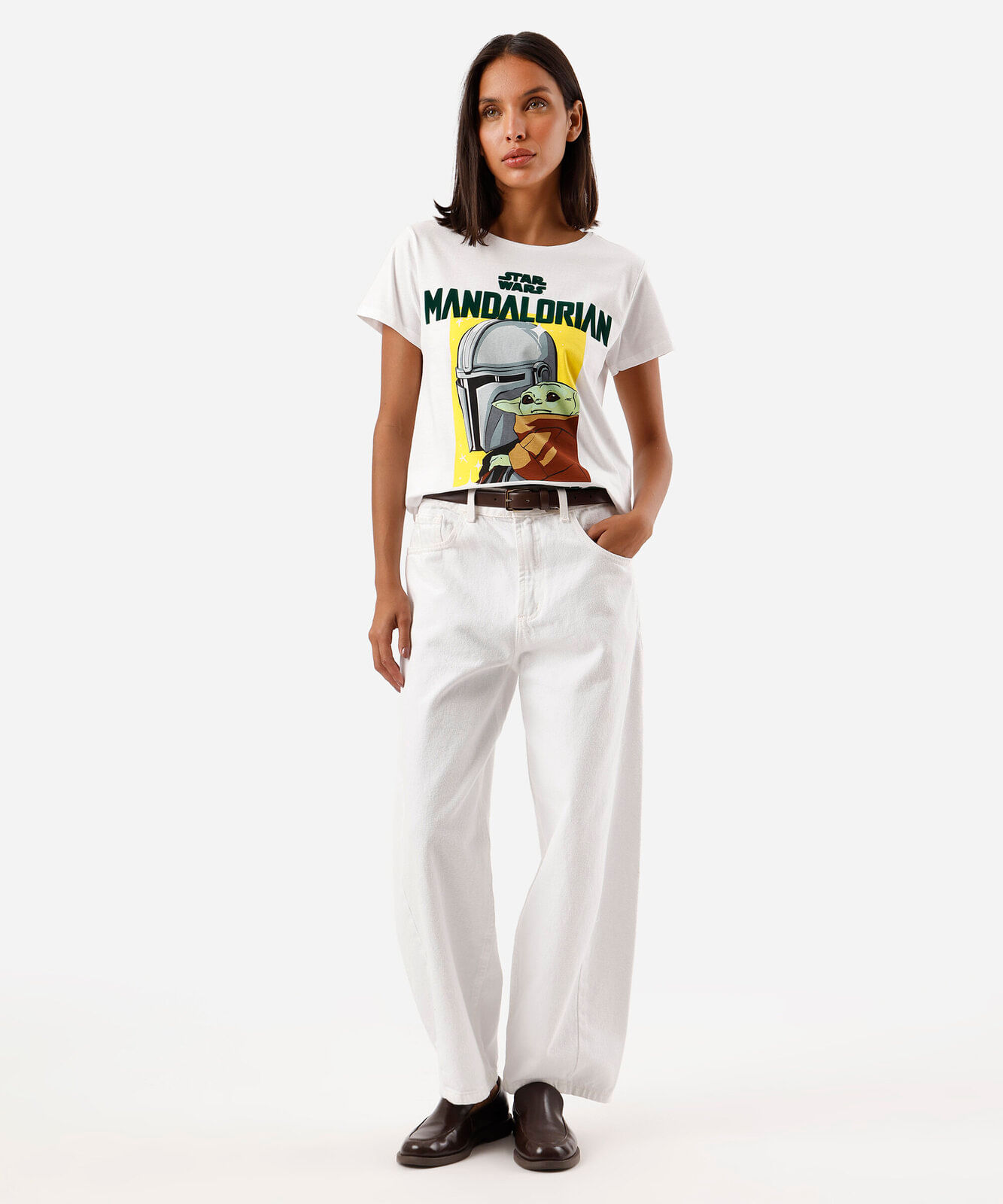 camiseta feminina de algodão manga curta mandalorian off white