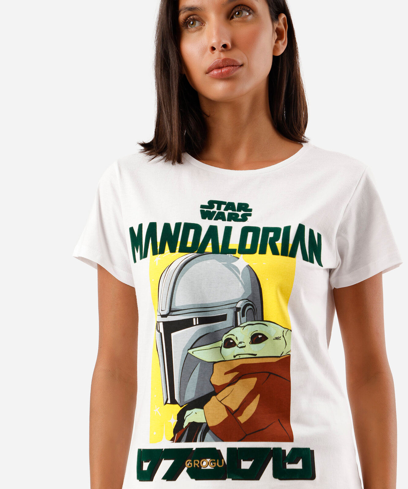camiseta feminina de algodão manga curta mandalorian off white