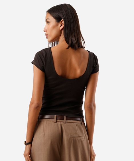 blusa feminina de algodão com bojo manga curta canelada marrom