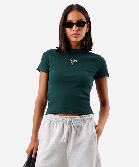 blusa baby look feminina de algodão manga curta canelada snoopy verde