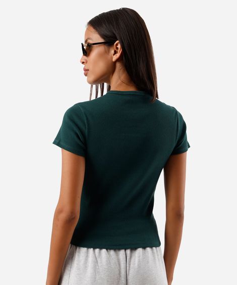 blusa baby look feminina de algodão manga curta canelada snoopy verde