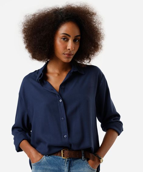 camisa oversized feminina de viscose manga longa azul