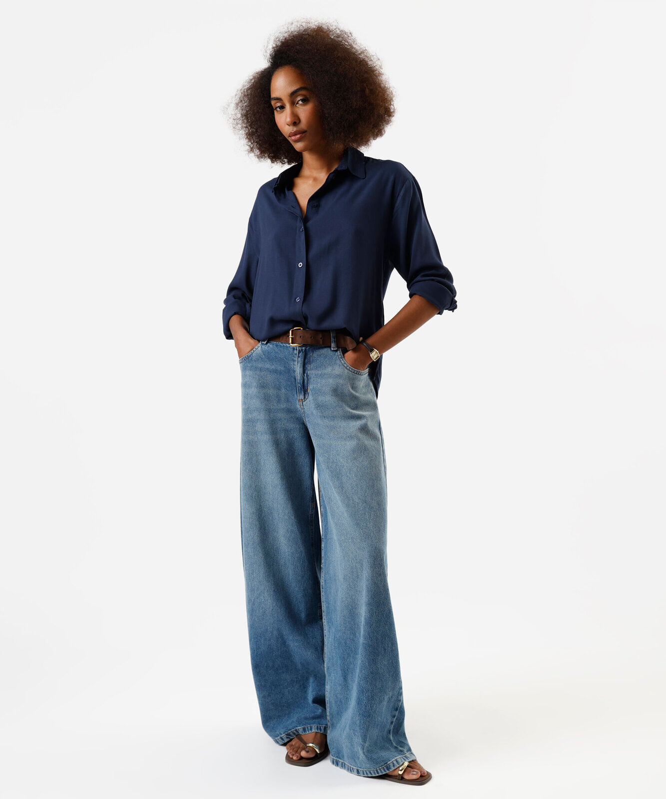 camisa oversized feminina de viscose manga longa azul
