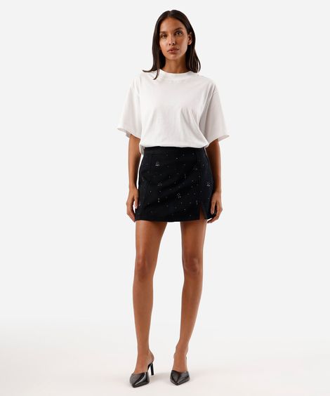 short saia feminino jeans com brilhos e fenda cintura alta preto