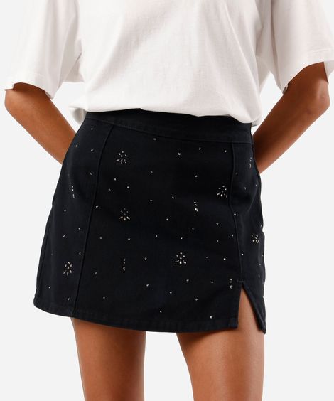 short saia feminino jeans com brilhos e fenda cintura alta preto