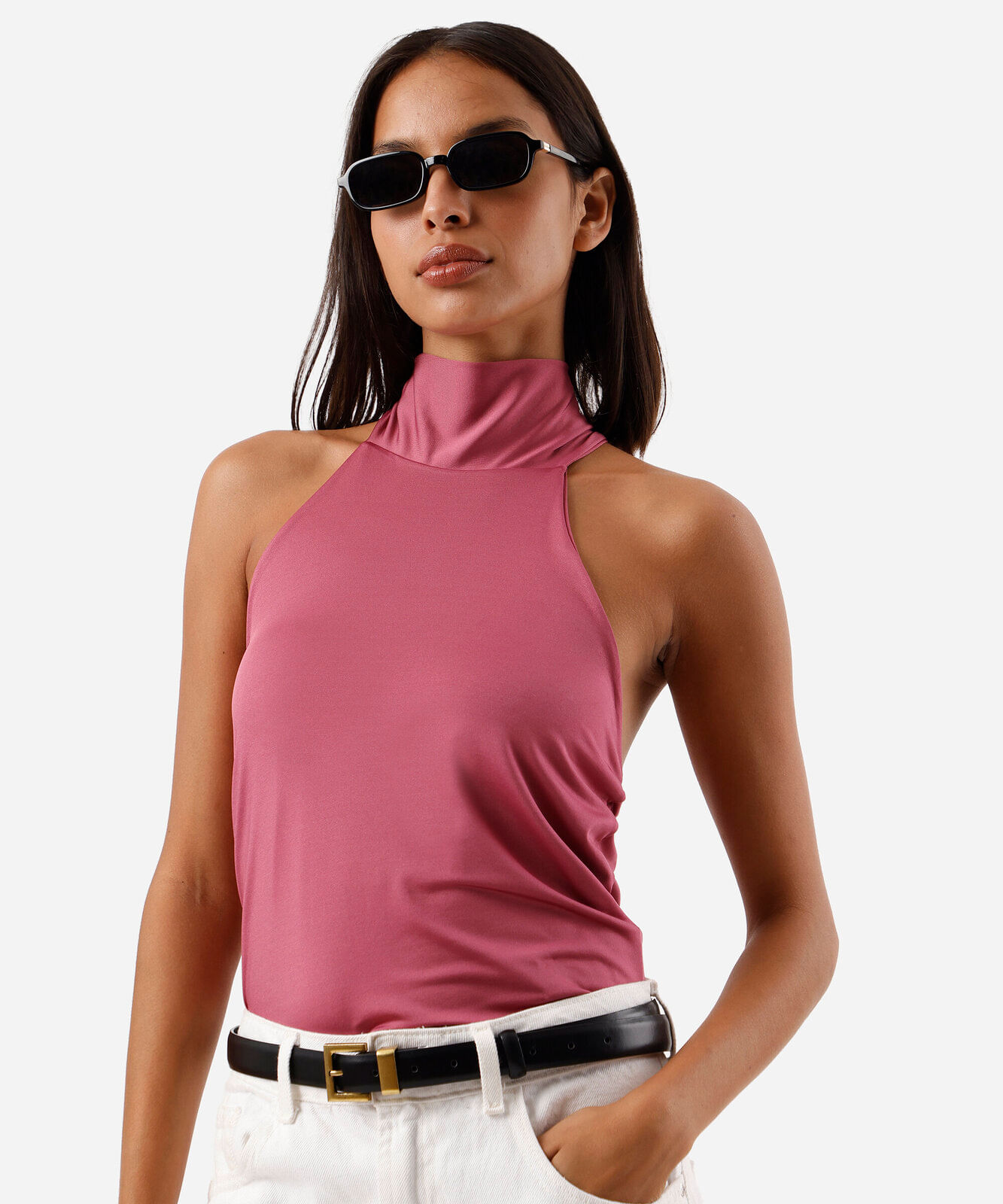 blusa frente única feminina gola alta com amarração rosa