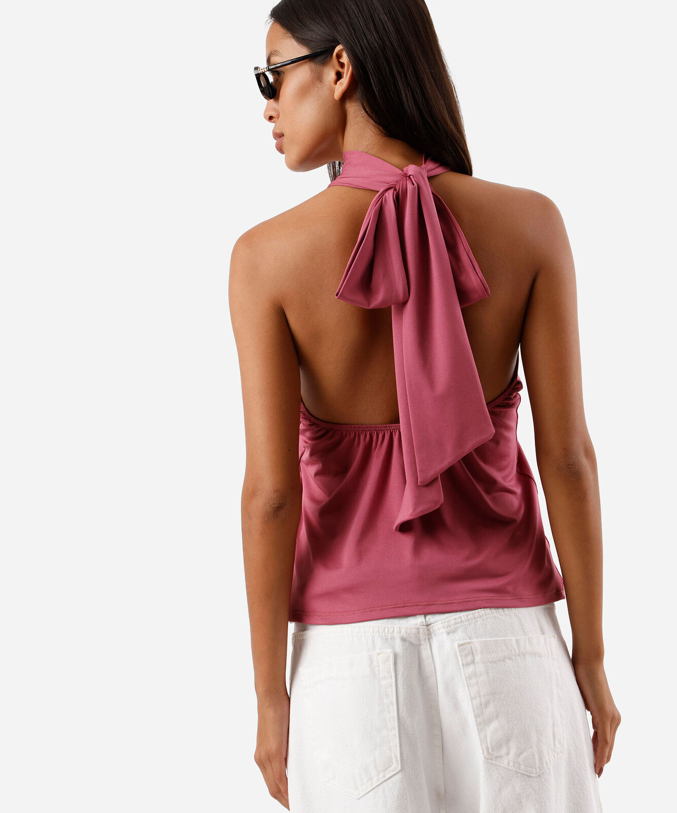 blusa frente única feminina gola alta com amarração rosa