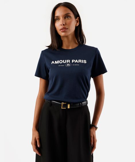 camiseta feminina de algodão peruano manga curta estampada azul