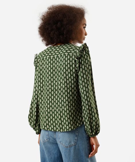 bata feminina de viscose com babados estampada verde
