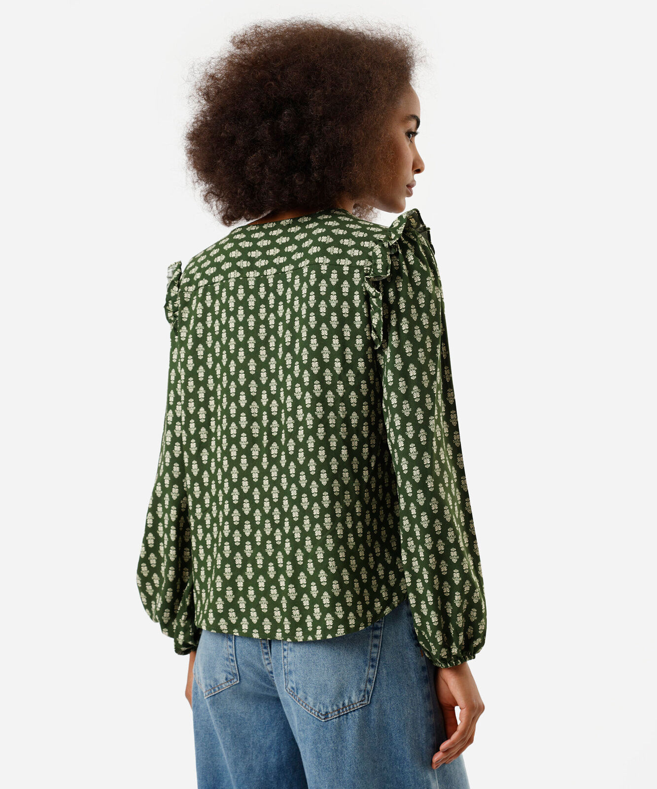 bata feminina de viscose com babados estampada verde
