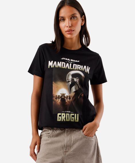 camiseta feminina de algodão manga curta the mandalorian preta