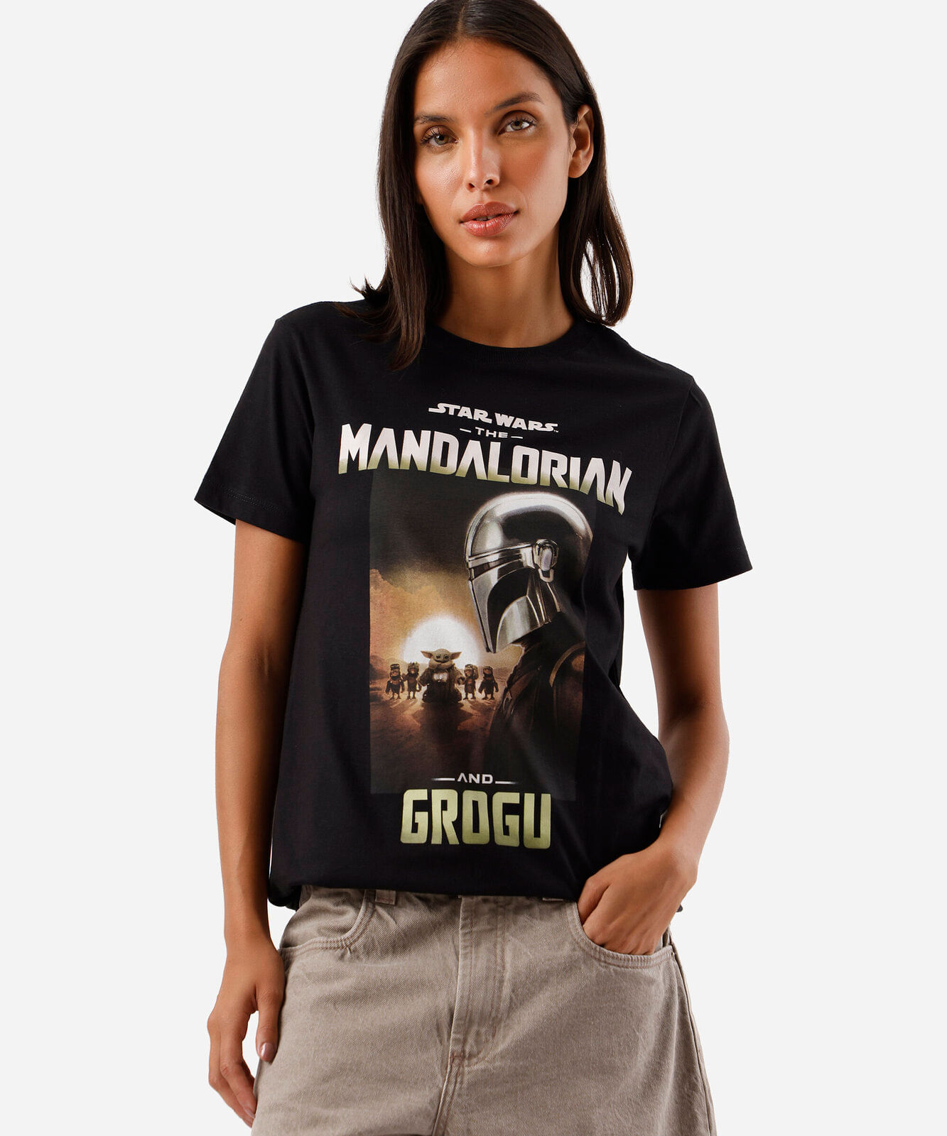 camiseta feminina de algodão manga curta the mandalorian preta