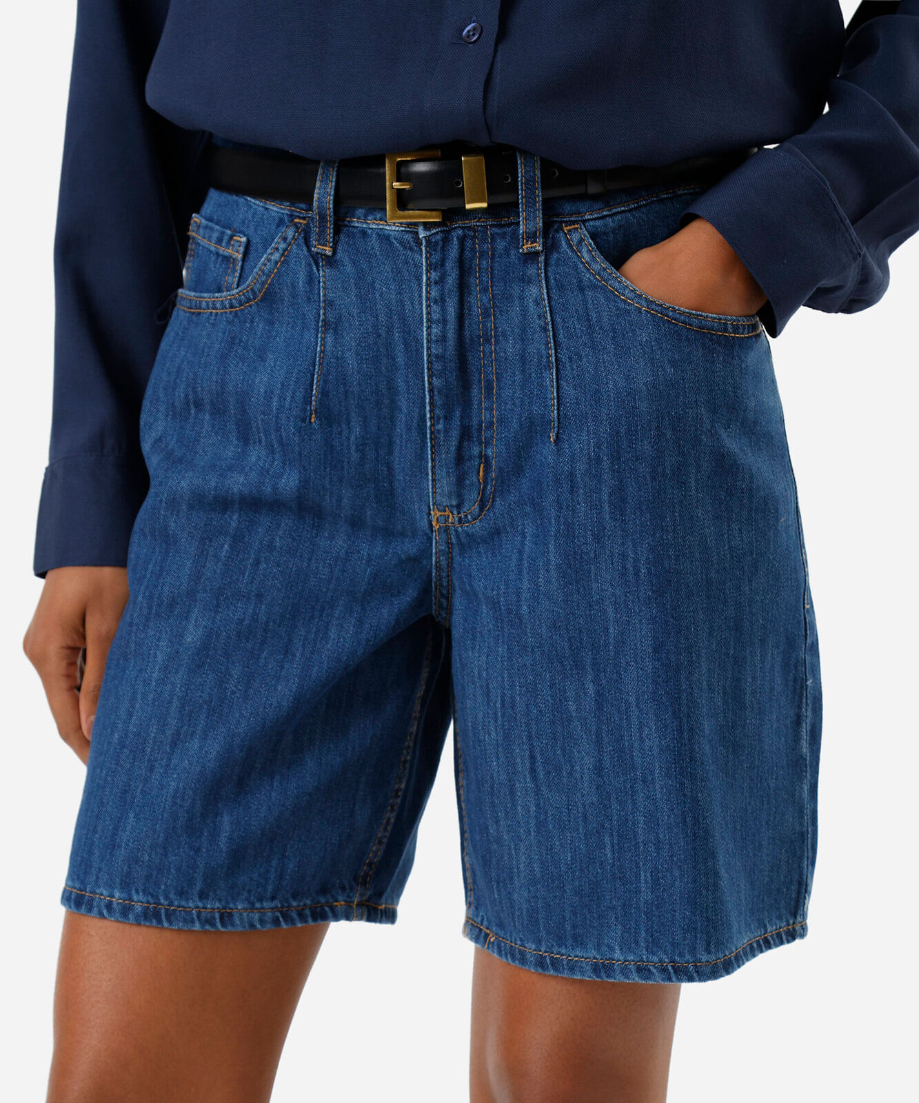 bermuda feminina jeans cintura média azul