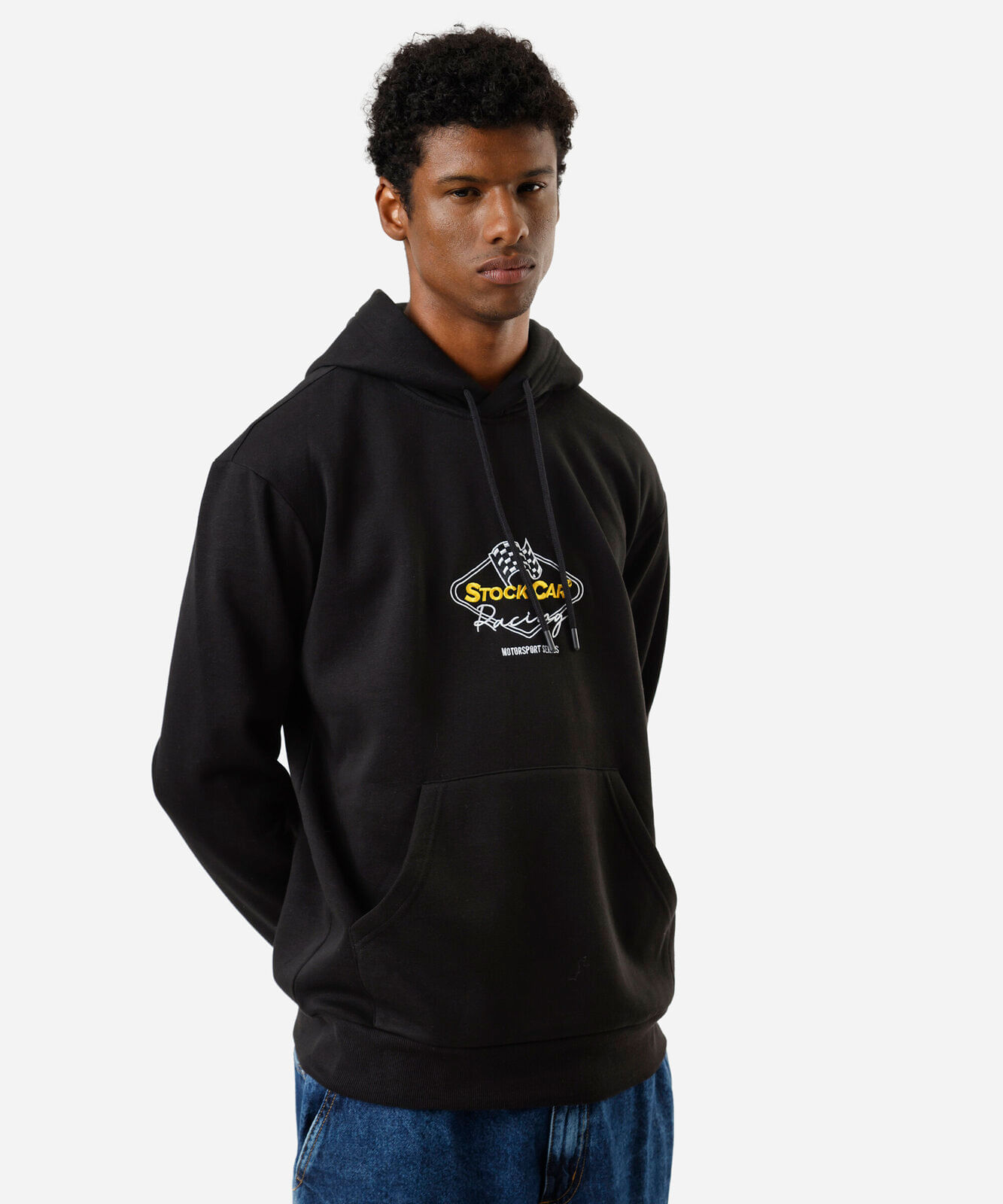 blusão oversized masculino de moletom com capuz stock car preto