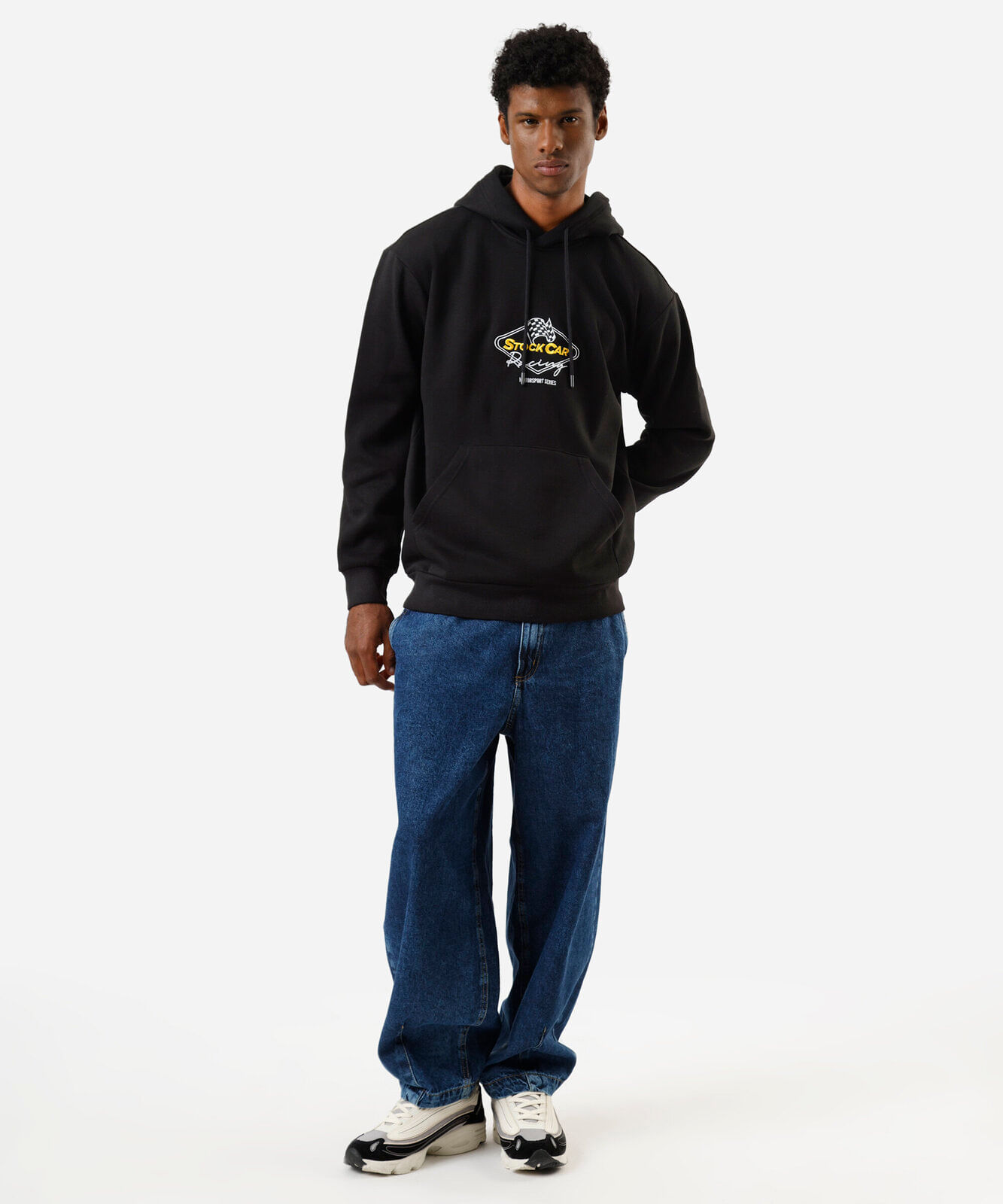 blusão oversized masculino de moletom com capuz stock car preto