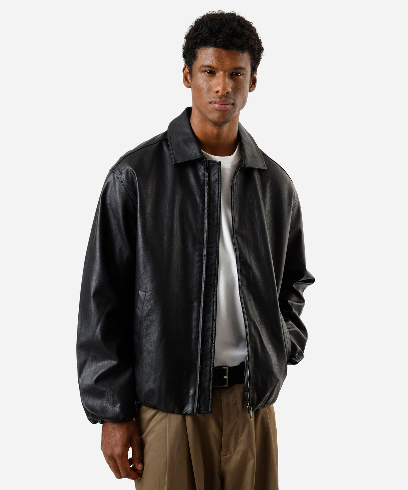 jaqueta bomber masculina de pu com bolsos preta