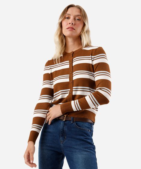 cardigan feminino de tricot listrado bege