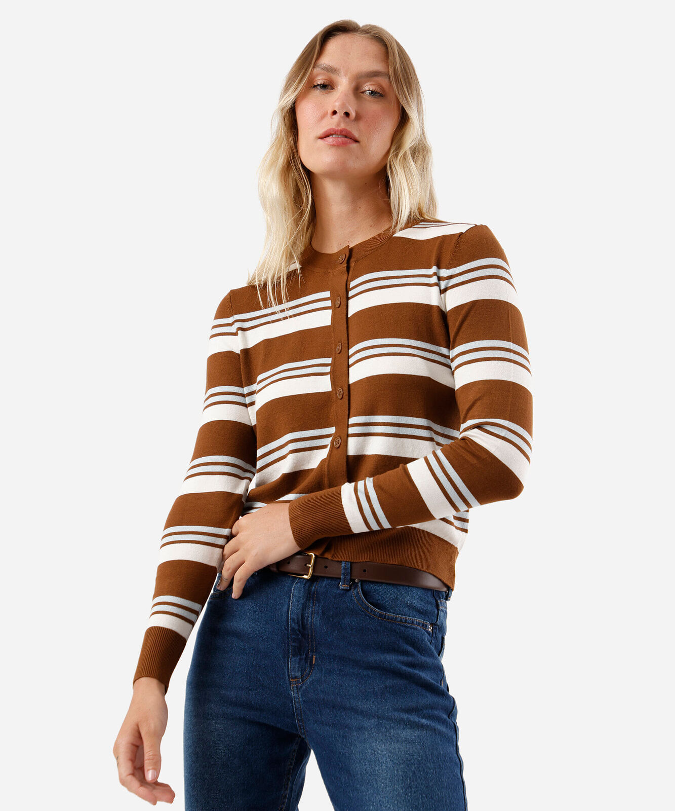cardigan feminino de tricot listrado bege