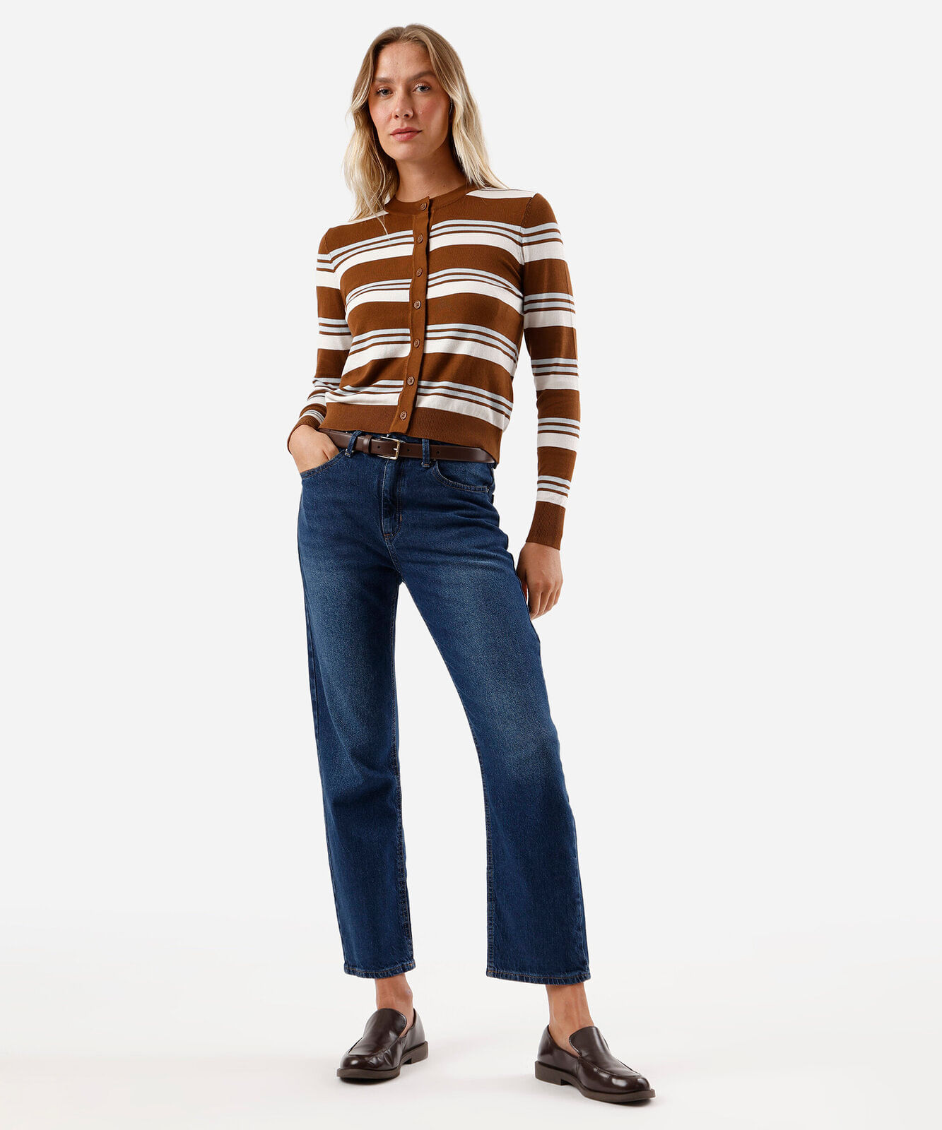cardigan feminino de tricot listrado bege