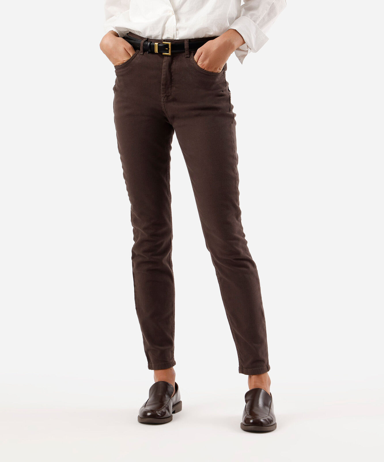 calça skinny feminina de sarja cintura alta marrom