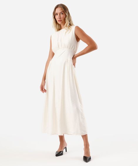 vestido midi feminino com viscose decote canoa franzido off white